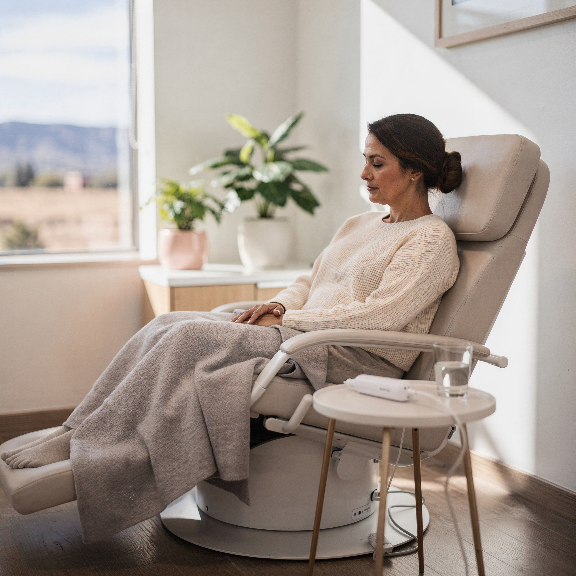 Patient seated in reclined chair during Spravato treatment at Myndful Wellness, with mountain view visible through window